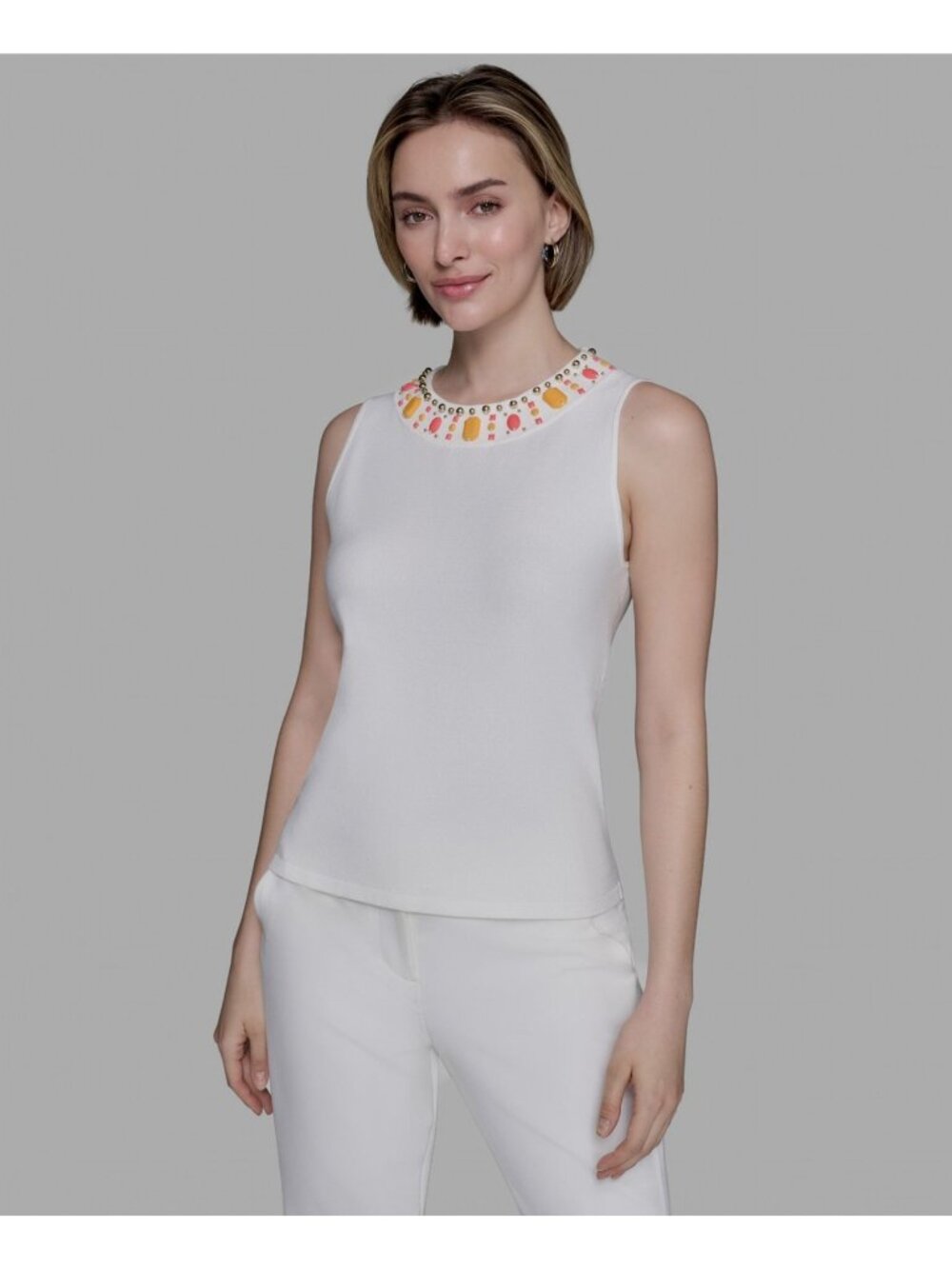 KARL LAGERFELD Women's Embellished rayon Sleeveless Round Top Ivory Size XL $99